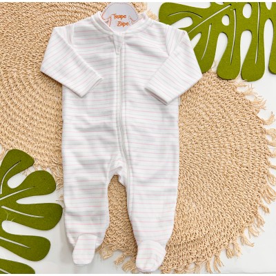 Macacão em Soft com Abertura em Zíper Listrado Rosa e Areia - Off White